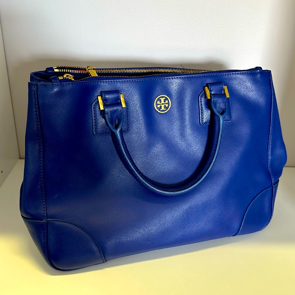 Authentic Tory Burch Robinson Blue Leather Double
Zip Tote Bag